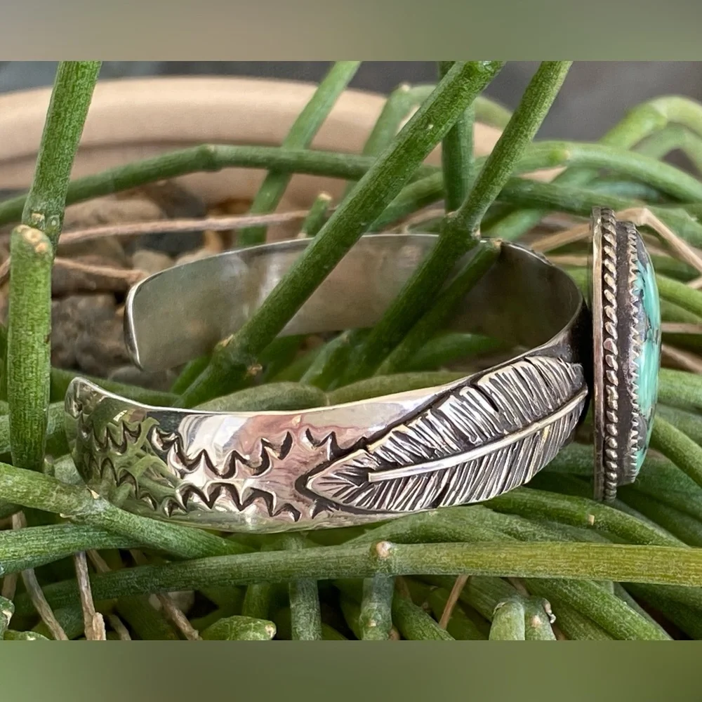 Prince Variscite Sterling Feather Cuff - Picture 3 of 5